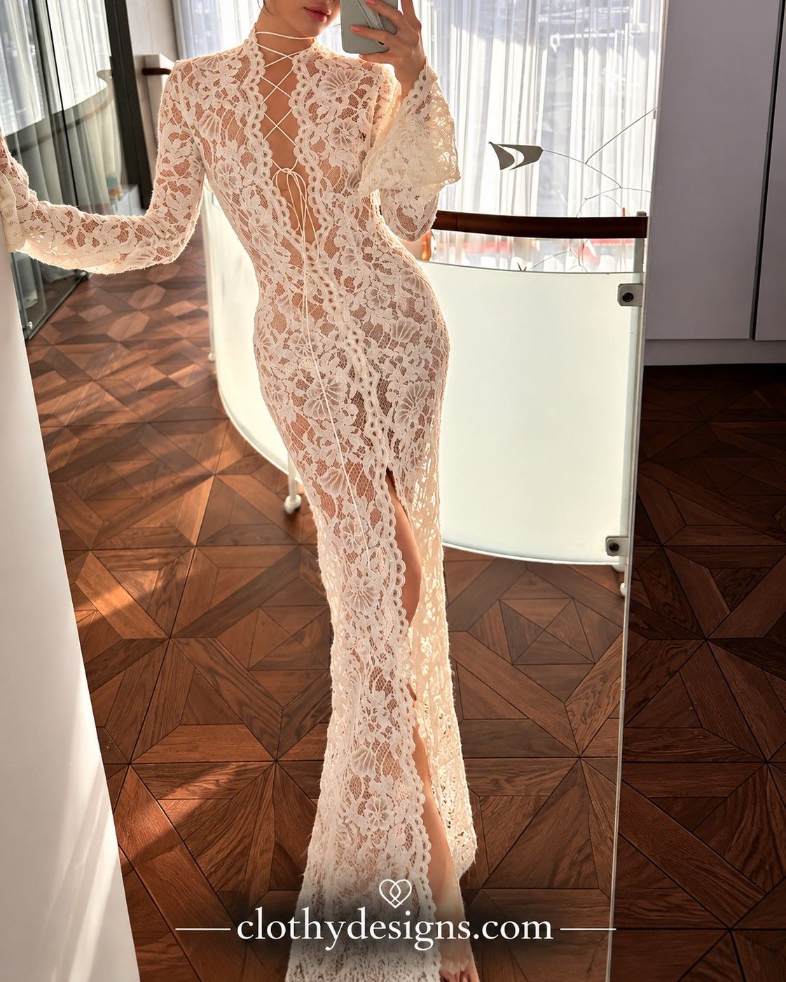 Women’s Sheer Lace Maxi Dress – Hollow-Out Draped Bandage Dress with Lace-Up Detail, Long Sleeves & High Split, Sexy Coquette Evening Wear